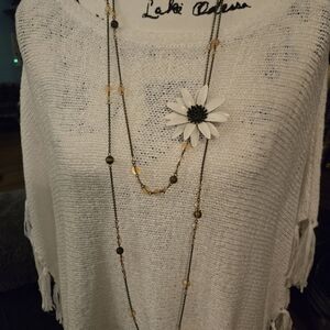 Elegant Long Necklace with White and Gold Accents, Floral Pin Added